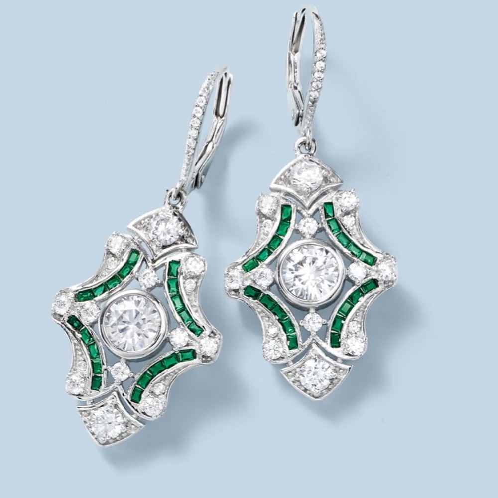 Ross-Simons Sterling Silver CZ & Simulated Emerald Drop Earrings - NWT